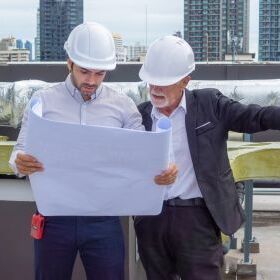 2 engineers with helmets and plan