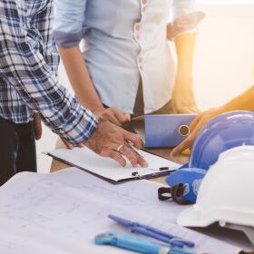 Men hands on plans with helmets in foreground