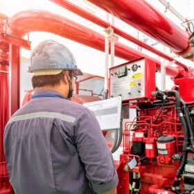Fitter stands in front of plant with red pipes