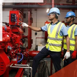 Fitter stands in front of plant with red pipes